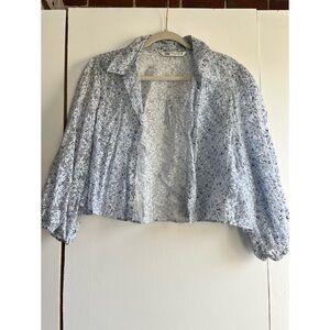 Zara Sheer White and Blue Floral Pattern Collared Blouse with Puff Sleeve sz XXL